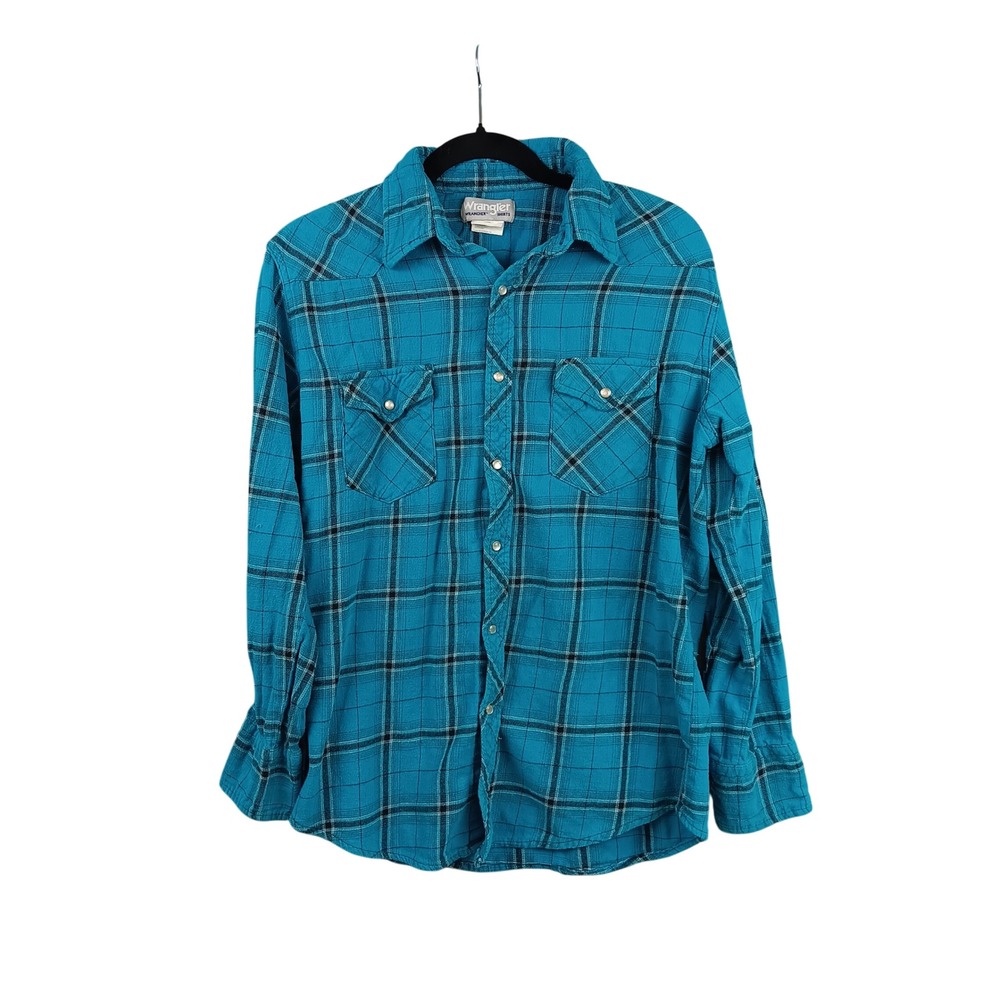 Wrangler Wrancher‎ Shirts Mens L Long Sleeve Blue Plaid Western Button Up Cotton